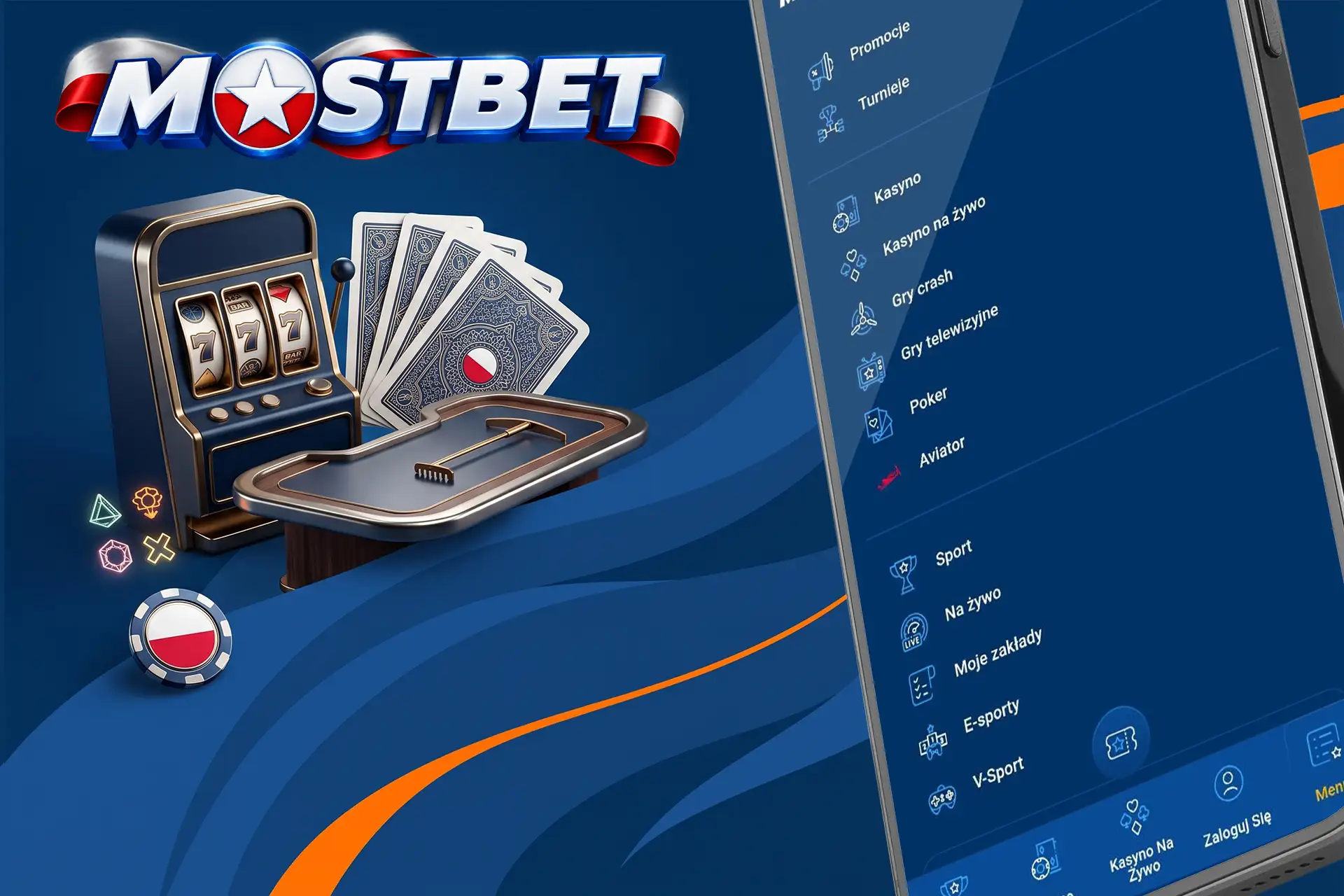 Menu nawigacyjne aplikacji mobilnej Mostbet z dostępnymi grami kasynowymi, obok klasycznego automatu wrzutowego, kart i polskiej flagi
