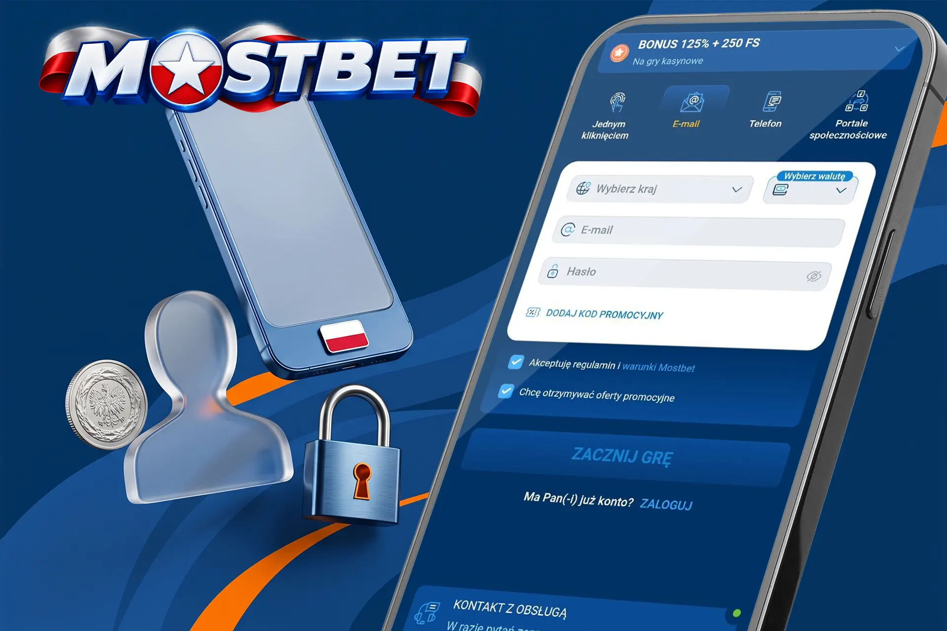 Różnorodne i bezpieczne metody rejestracji konta w Mostbet, pokazane na smartfonie wraz z symbolem kłódki i polską monetą